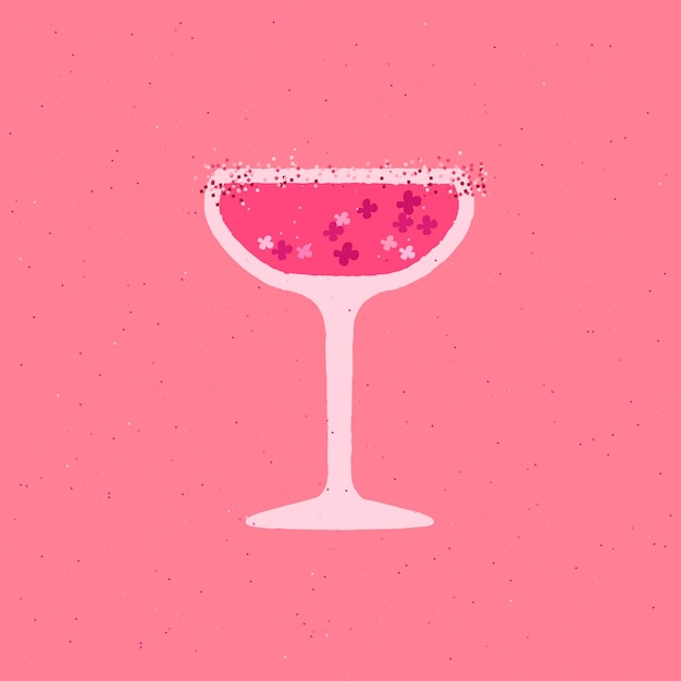 Cóctel con flores y migas de azúcar Vino rosado para boda Ilustración vectorial plana