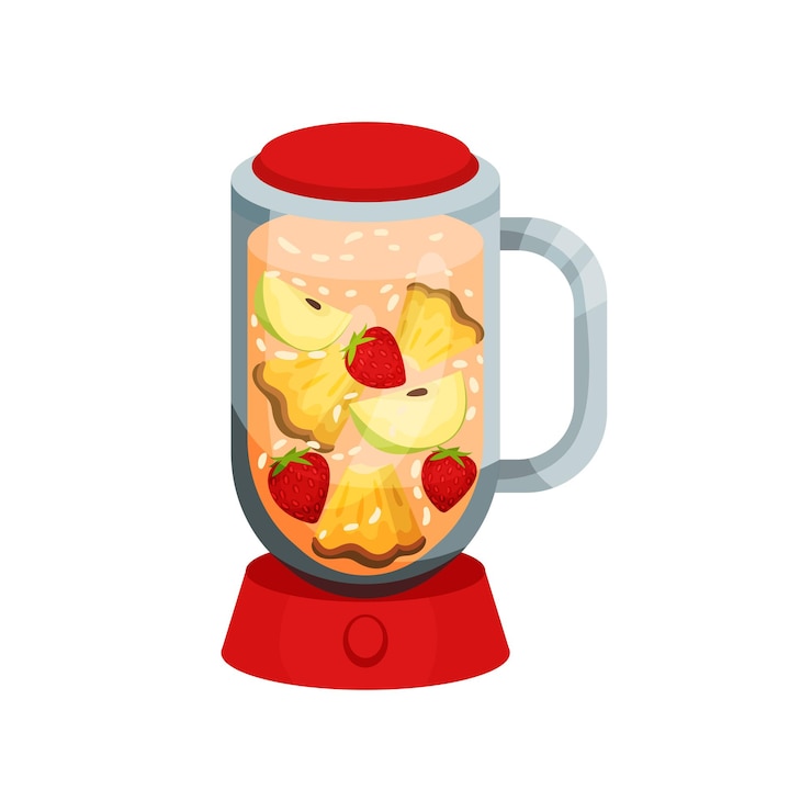 Vector cóctel con fresa de piña de manzana en licuadora roja bebida saludable y batido concepto vegetariano vector ilustración plana