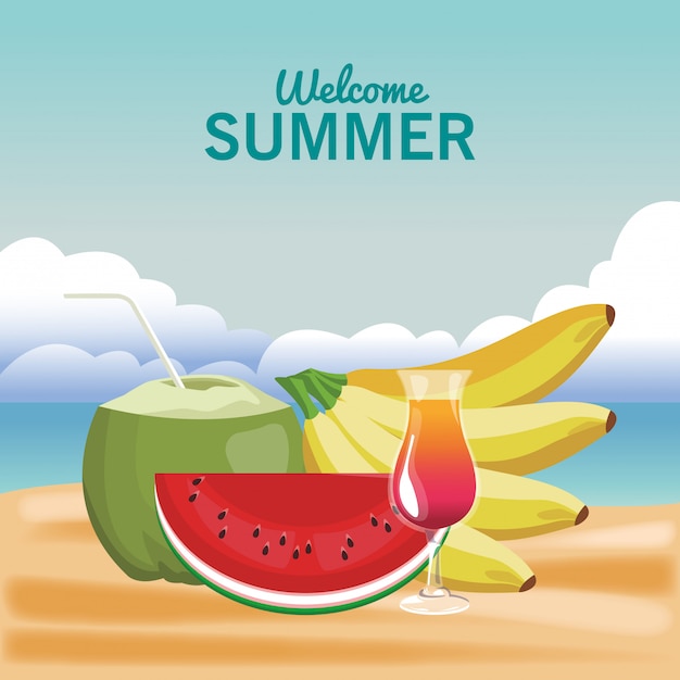 Cóctel y frutas de coco de bienvenida de verano