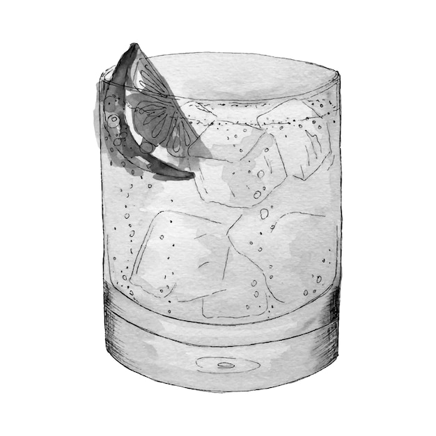 Cóctel de gin tonic bebida acuarela dibujo a mano alzada monocromo estilizado