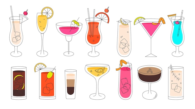Cóctel en una ilustración de línea delgada de vector mínimo