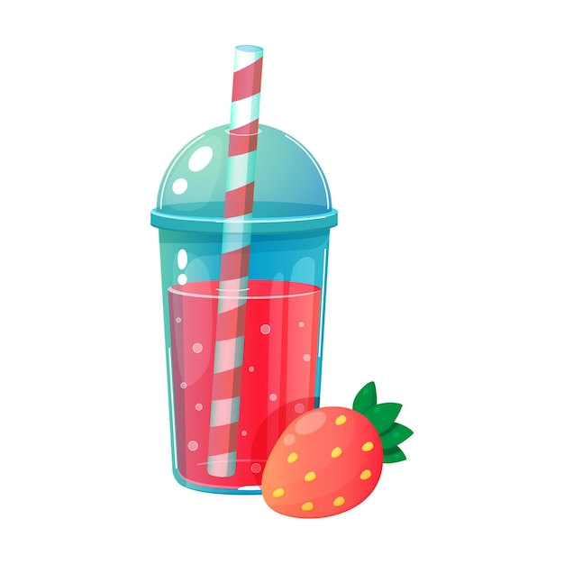 Cóctel de jugo de fresa en una taza de plástico bebida de verano dibujos animados de ilustración vectorial