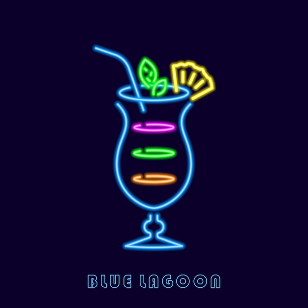 Cóctel de laguna azul neón bebida colorida en vaso alto luminoso con pajitas y cuña de piña trago largo refrescante abstracto con agradable sabor vectorial