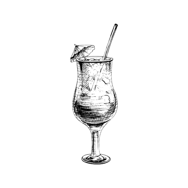 Cóctel laguna azul con pajita, sombrilla y cubito de hielo en copa highball. Ilustración de vector de eclosión vintage negro. Aislado sobre fondo blanco