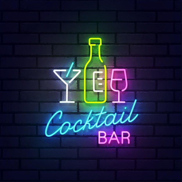 Cóctel letrero de neón brillante letrero luz banner Cocktail Bar logo neón emblema Vector ilustración