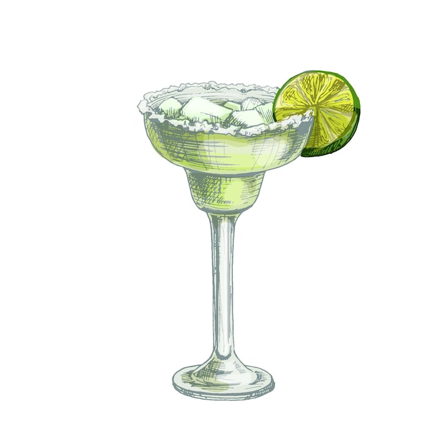 Cóctel margarita con rodaja de limón, cubito de hielo y sal. ilustración de color de vector de eclosión de la vendimia. aislado sobre fondo blanco