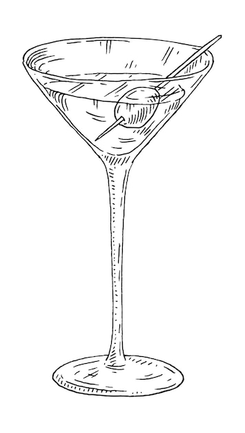 Vector cóctel de martini con aceituna. vector de la vendimia grabado ilustración monocromática en negro.