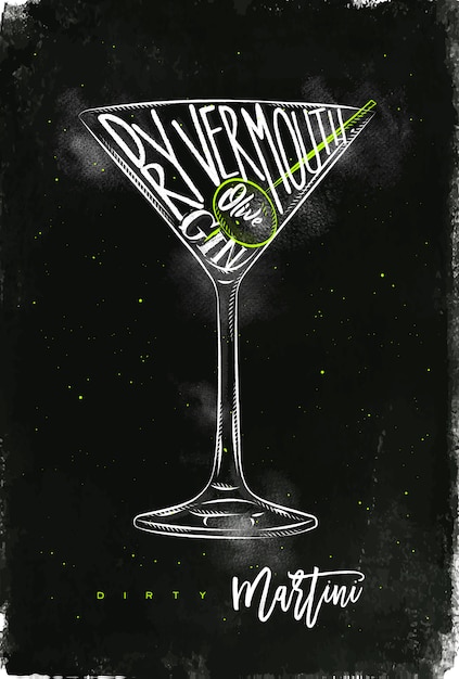 Cóctel de martini sucio letras vermú seco, ginebra, oliva en estilo gráfico vintage dibujo con tiza y color sobre fondo de pizarra