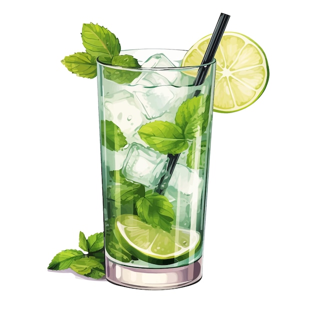 Vector el cóctel de mojito dibujado a mano ilustración vectorial de dibujos animados clipart fondo blanco