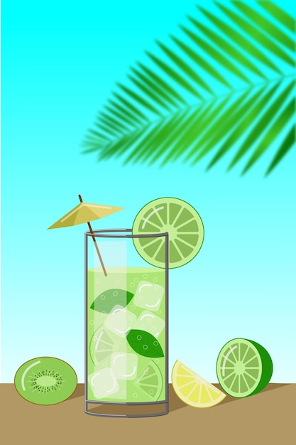 Cóctel Mojito en un fondo de palmera Ilustración de vector de dibujos animados plana