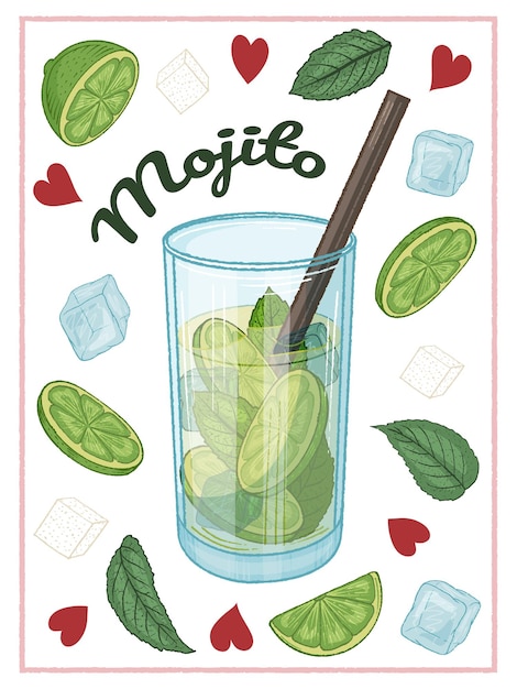 Vector cóctel mojito con lima, menta y cubitos de hielo. cartel colorido. ilustración vectorial