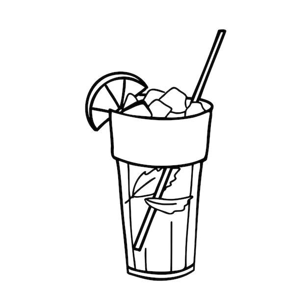 Cóctel de mojito o limonada con hielo y una rebanada de lima y hojas de menta con paja