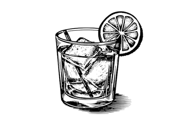 Cóctel negroni grabado bebida aislada ilustración vectorial composición de boceto en blanco y negro