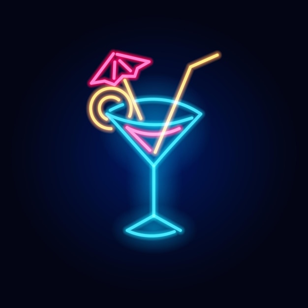 Cóctel de neón, letrero de moda, letrero de luz nocturna, pancarta brillante, emblema de verano, logotipo de bar de club en la oscuridad