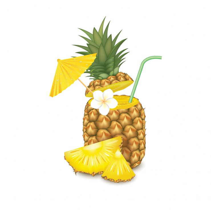 Vector cóctel de piña adornado, flor blanca, tubos de paja verde y paraguas amarillo aislado en el fondo. ilustración
