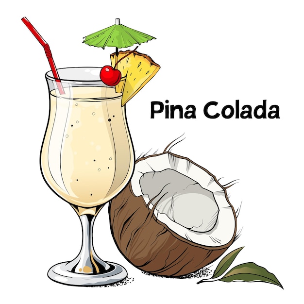 Cóctel de piña colada bebida alcohólica dibujada a mano con rodaja de piña de coco y cereza