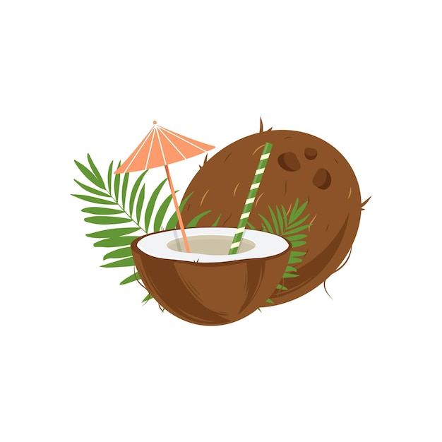 Cóctel de piña colada en coco y paraguas flores tropicales Ilustración vectorial en estilo de dibujos animados