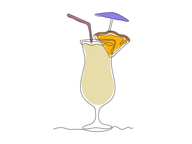 Cóctel de Pina Colada continuo con un dibujo a mano de una línea de arte