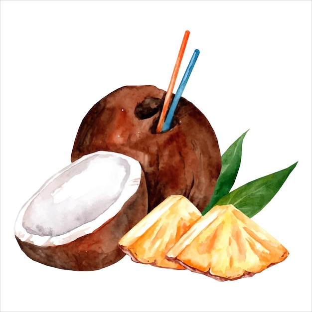 Cóctel de piña colada Ilustración acuarela