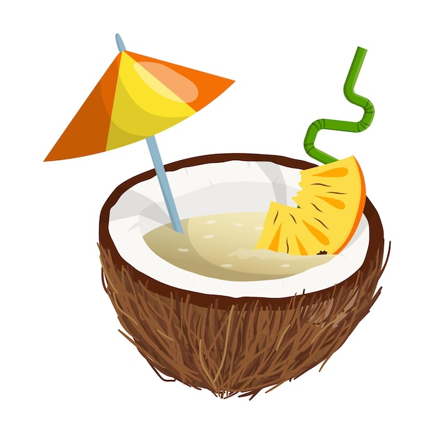 Cóctel de piña colada en la ilustración de vector de coco sobre un fondo blanco
