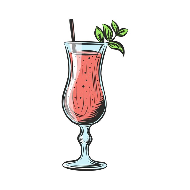 Cóctel rosa con paja y hojas de menta Bebida alcohólica para bar Vector de bebidas no alcohólicas