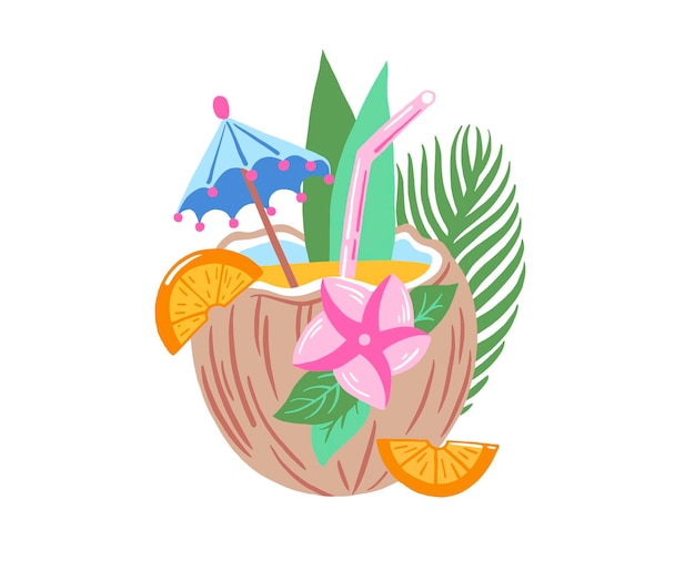 Cóctel tropical en la ilustración de vector de coco