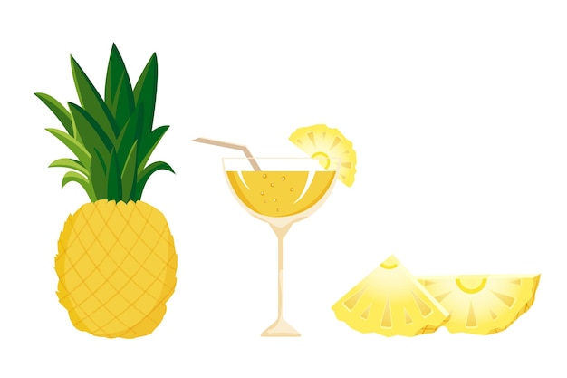 Cóctel tropical con piña Ilustración vectorial aislada sobre fondo blanco Estilo de dibujos animados