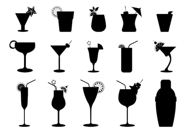 Cóctel de vector Colección de vidrio bebidas silueta Beber iconos de jugo de fruta aislados en blanco