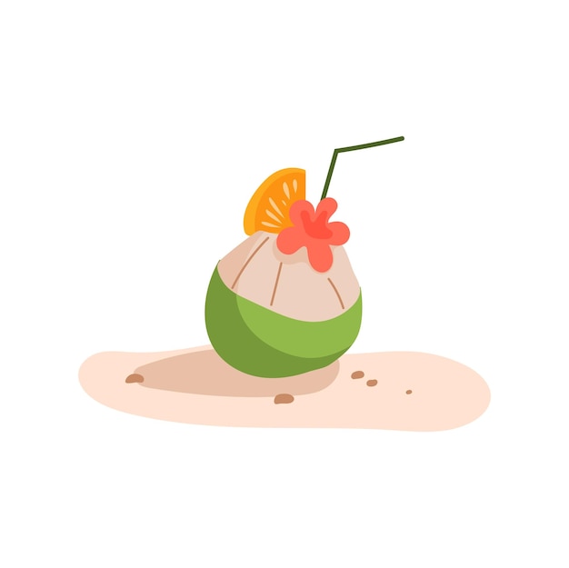 Cóctel de verano en cáscara de coco con rodaja de fruta de naranja en la arena decorada con paja de flores y paraguas icono de dibujos animados plano aislado Vector playa exótica bebida alcohólica vacaciones mar bebida romántica