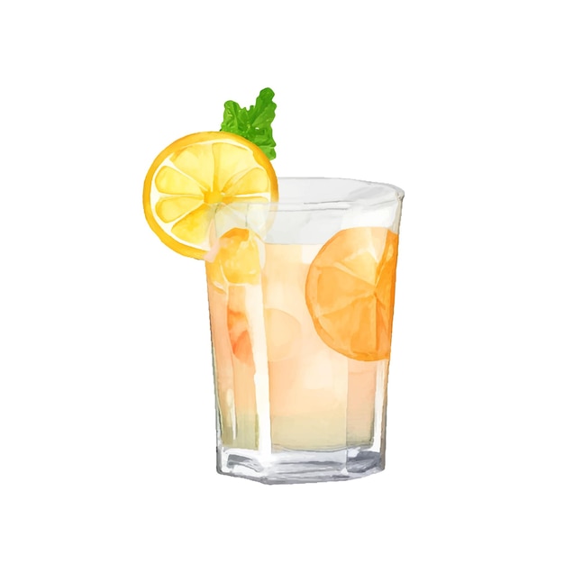 Cóctel de verano de cítricos de vector naranja con limón en vidrio pintado en estilo acuarela sobre un fondo blanco
