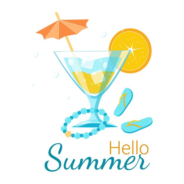 Cóctel de verano con rodaja de naranja Banner Hello Cartoon ilustración sobre fondo blanco