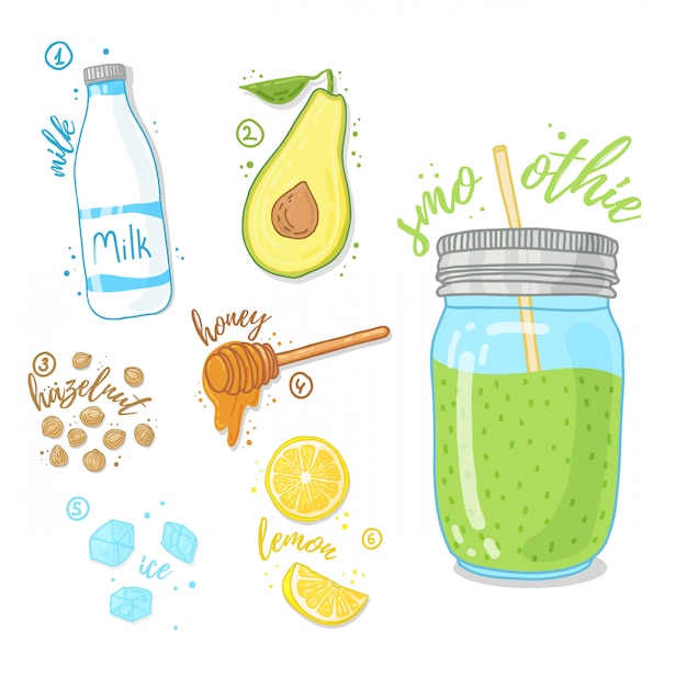 Vector cóctel verde para una vida sana. batidos con aguacate, leche de vaca, miel y avellana. receta de batido de frutas en un frasco de vidrio.