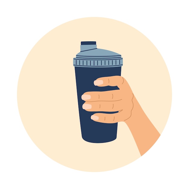 Coctelera de mano. Envase fitness para bebida energética. Taza azul para cóctel de proteínas