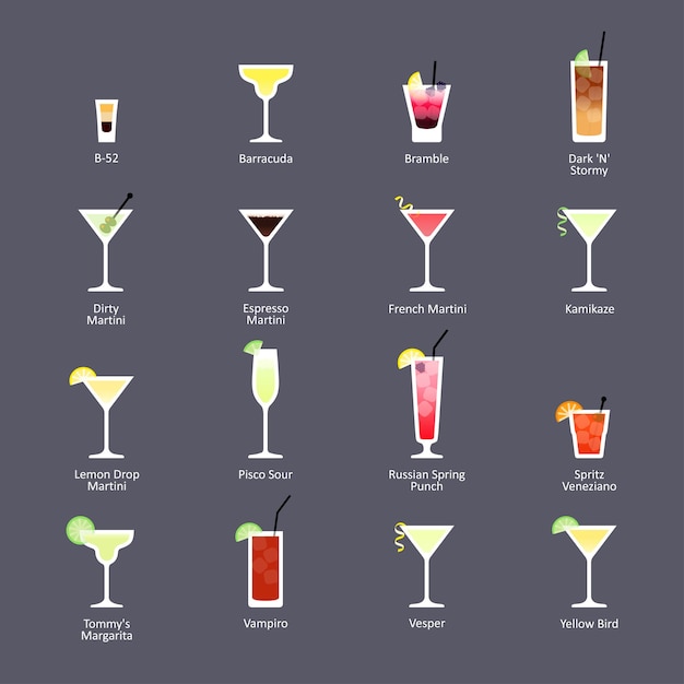 Cocteles alcohólicos, cocteles oficiales IBA New Era Drinks. Iconos establecidos en estilo plano sobre fondo oscuro. Vector