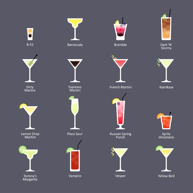 Cocteles alcohólicos, cocteles oficiales iba new era drinks. iconos establecidos en estilo plano sobre fondo oscuro. vector