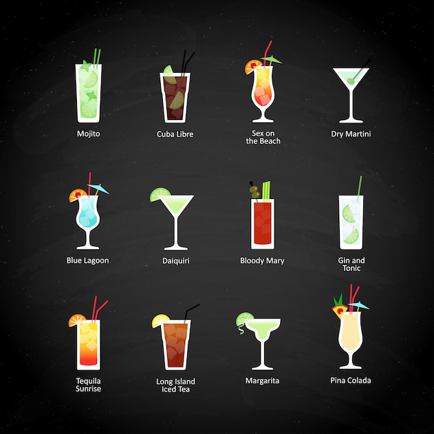 Los cócteles alcohólicos más populares en estilo plano en pizarra negra. Vector