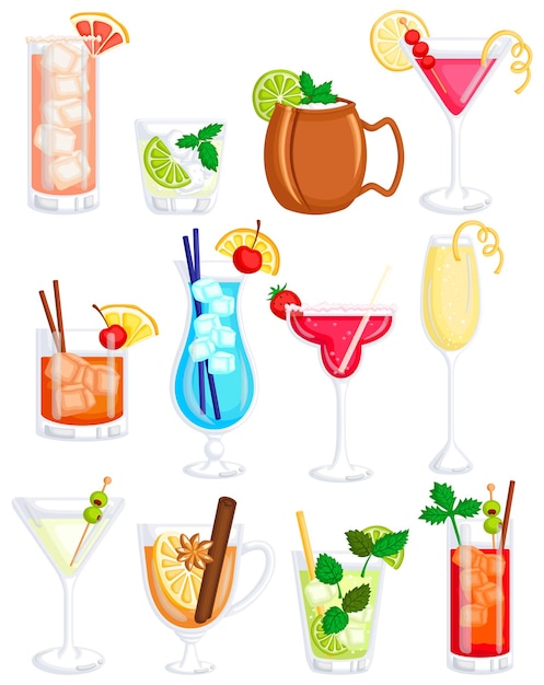 Cócteles, bebida, vector, conjunto