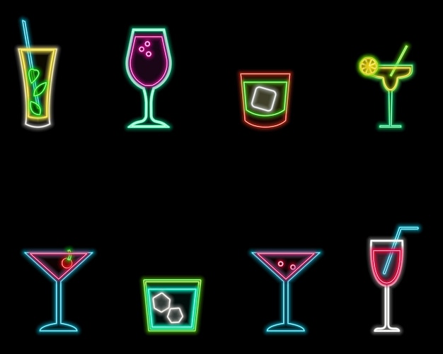 Cócteles de color neón bebidas de estilo neón iconos varios modelos coloridos
