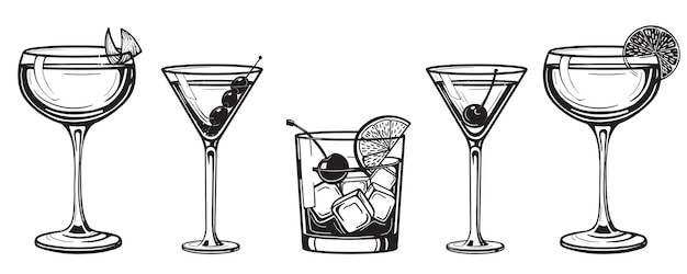 Cócteles daiquiri alcohólico, antiguo, manhattan, martini, sidecar vidrio dibujado a mano ilustración vectorial de grabado. Conjunto de bebidas de estilo vintage en blanco y negro aislado.
