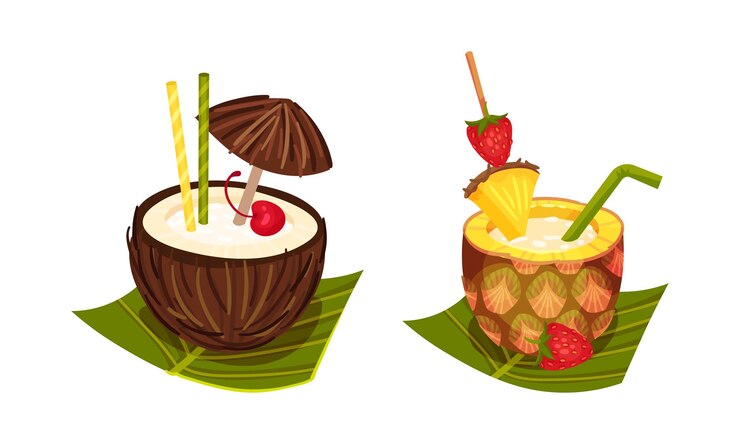 Vector cócteles exóticos con paja y paraguas vertidos en un conjunto vectorial de frutas de coco y piña