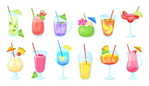 Vector cócteles no alcohólicos cóctel no alcohólico en vaso batido fiesta cóctel margarita jugo de sandía té frío mojito limonada bar hielo bebidas ordenadas ilustración vectorial