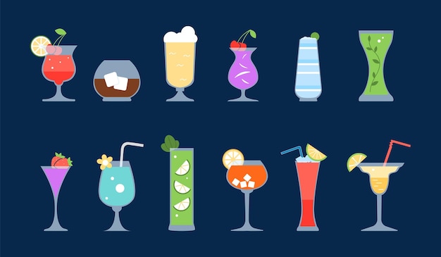 Cócteles planos bebidas Cóctel bellini en vidrio verano varias bebidas de pub Bebidas alcohólicas refrescantes en diferentes vasos jugo de vodka reciente conjunto de vectores