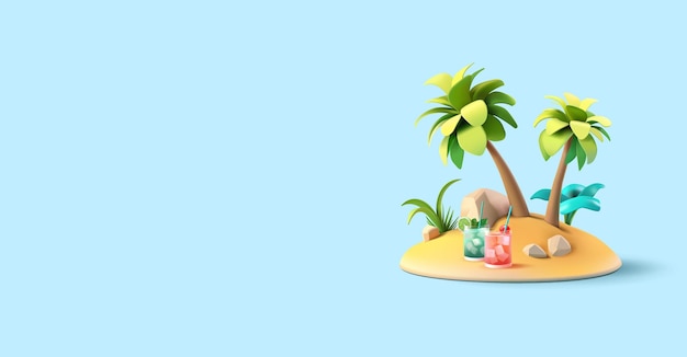 Cócteles refrescantes palmeras de la isla plantas tropicales 3D pancartas para conceptos de vacaciones de verano