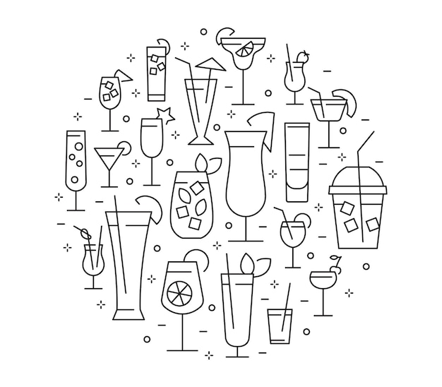 Cócteles símbolos lineales Composición circular de bebidas y bebidas Ilustración vectorial