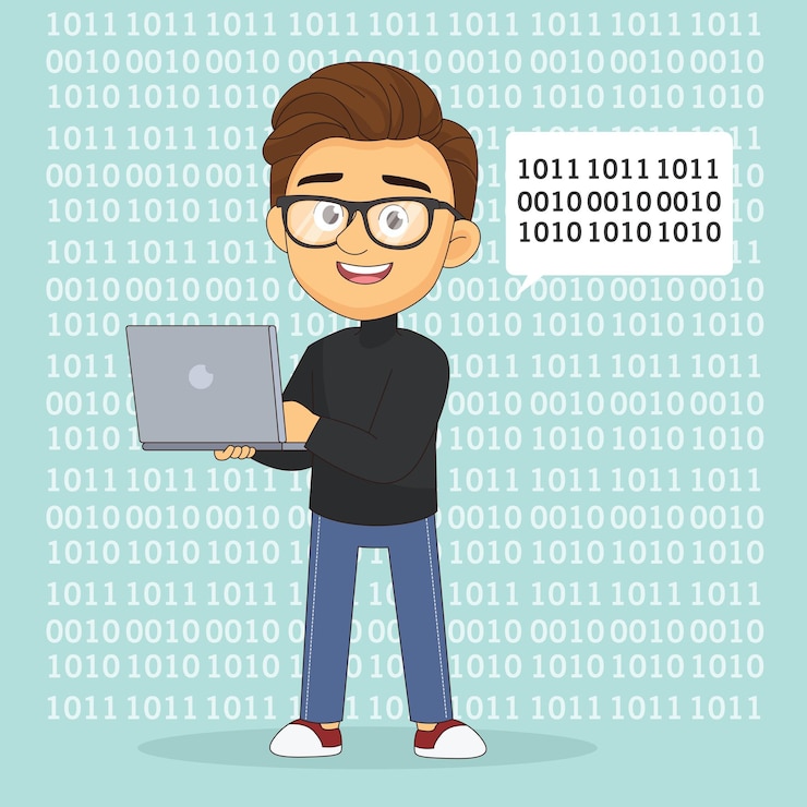 Vector codificación binaria hombre programador feliz con computadora portátil