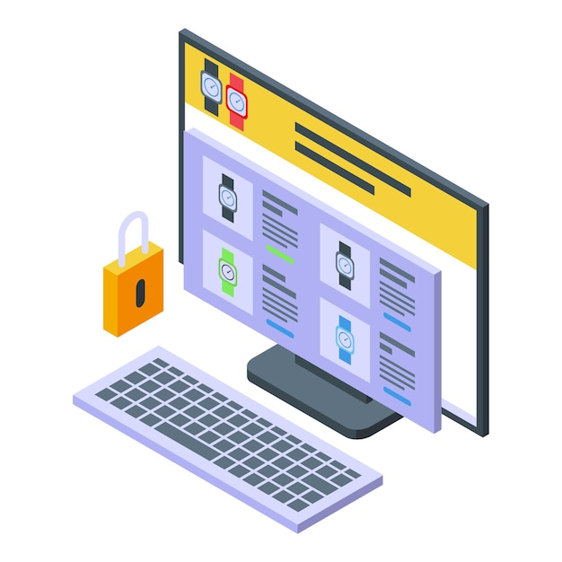 Codificación de computadora icono de reloj vector isométrico programa de software proceso de trabajo