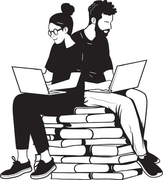 Codificación Couple acurrucado comprometido con portátil en pila de libros Vector Logo Negro Bookish Bond Couple Sha