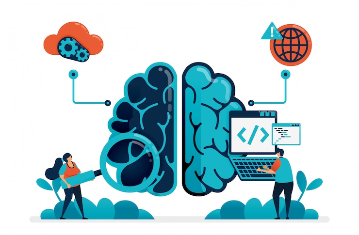 Vector codificación para crear programa de inteligencia artificial. buscando error en el robot cerebro artificial. tecnología inteligente en inteligencia artificial. internet de las cosas.