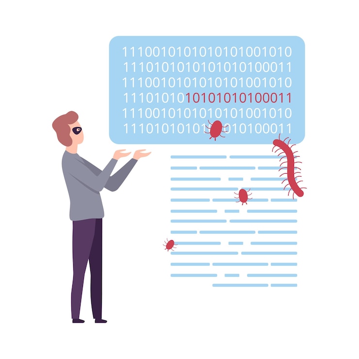 Vector codificación de hackers enmascarados en la computadora cibercrimen ilustración del vector de infección por virus de ataque informático