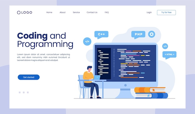 Codificación lenguajes de programación css html it ui programador personaje de dibujos animados desarrollo de diseño de sitio web ilustración plana página de destino